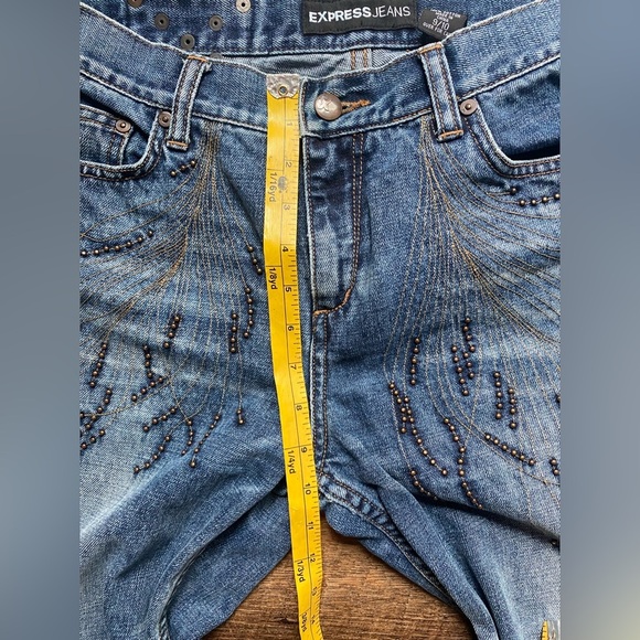 EXPRESS jeans embroidered studded denim 9/10 vintage Y2K flare EUC juniors - Picture 11 of 14